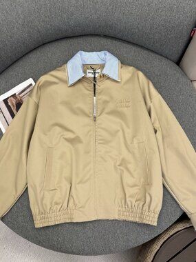 Miu Miu Women's Casual Zip-Collar Faux Two-Piece Jacket — Beige M